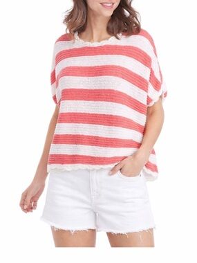 The Limited Striped Short Sleeve Sweater | Coral & Cream Knit Top | Lightweight